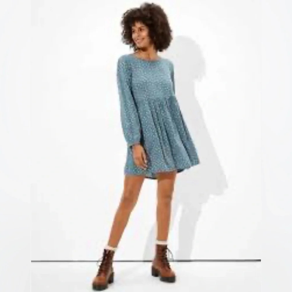 American Eagle Outfitters Teal Mini Dress with White Dots